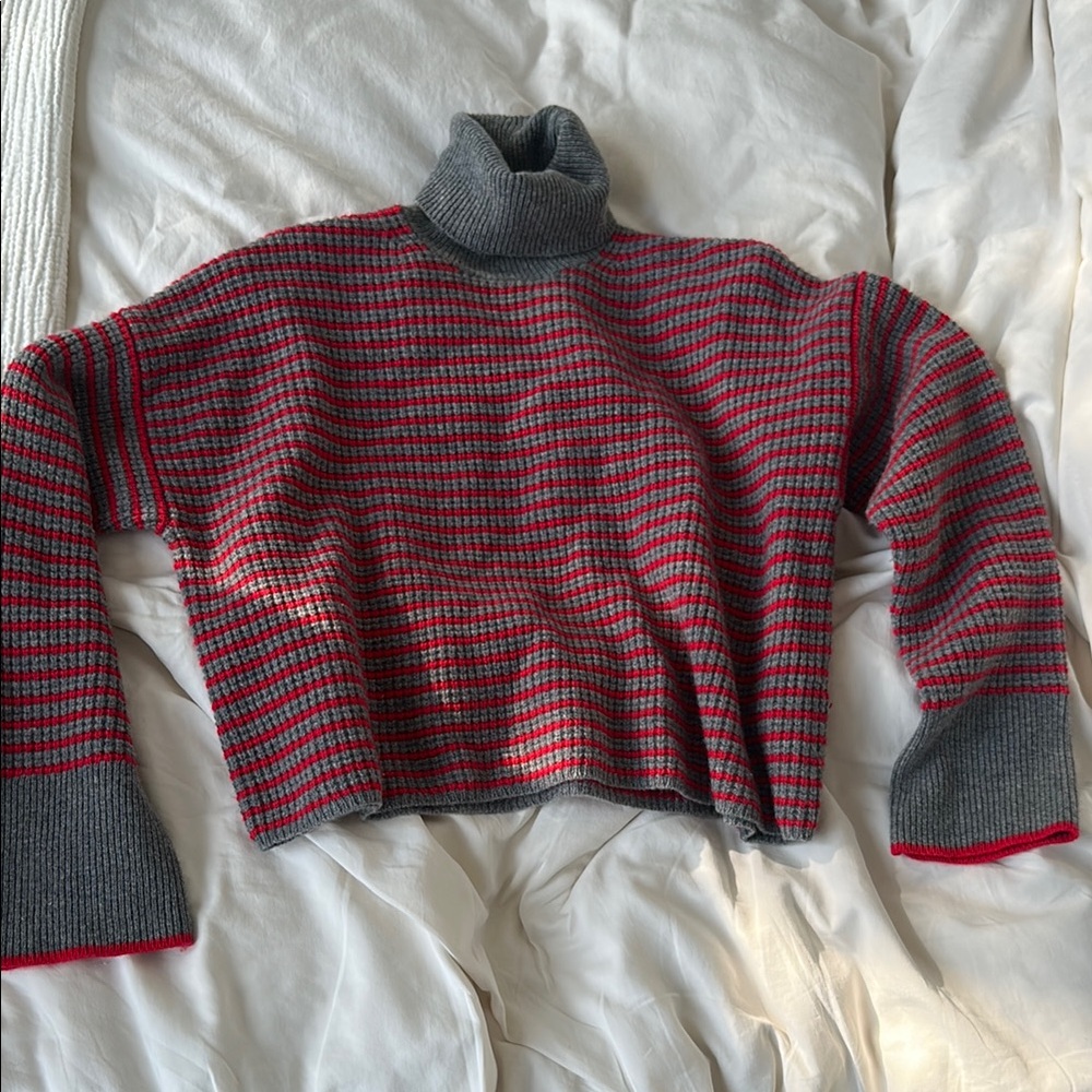 Madewell Gray and Red 100% merino wool turtleNeck Sweater